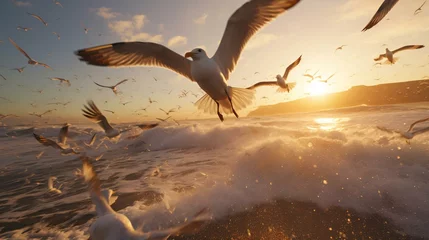 Fotobehang a flock of birds flying over water © KWY