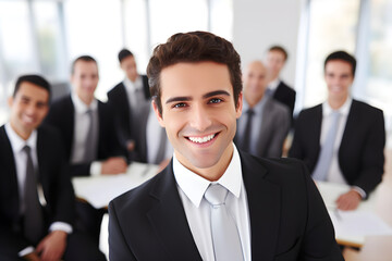 Happy young businessman attending a meeting with his team