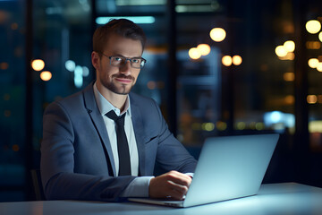 Fototapeta premium Late at Night in Private Office Male Businessman Works on a Laptop Computer. He Look at the Camera with Smile. Data Protection Engineering Network for Cyber Security