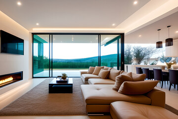 Beautiful living room interior in new luxury home with open floor