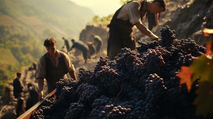 a group of people standing next to a pile of grapes - Powered by Adobe