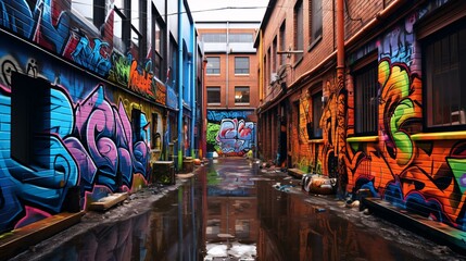 a canal with graffiti on the side