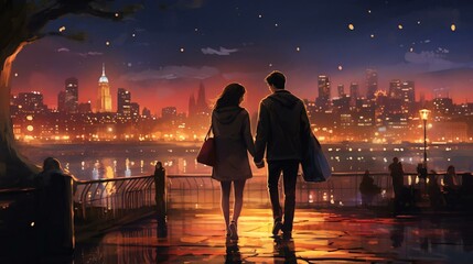 Fototapeta premium a man and woman walking on a bridge over water with a city in the background