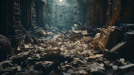 a destroyed building with rubble - obrazy, fototapety, plakaty