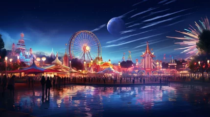 Poster Amusementspark a ferris wheel lit up at night
