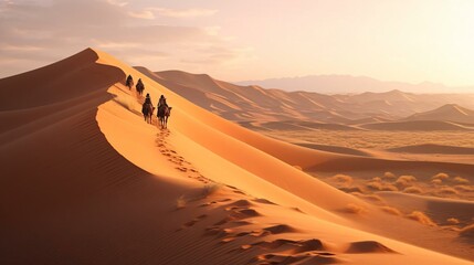 a group of people riding camels on a sandy desert