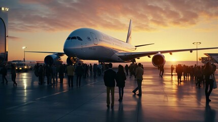 a group of people standing next to an airplane at an airport - obrazy, fototapety, plakaty