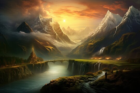 Inspiration from Movie  Capture the tranquility of a majestic mountain range as the sun rises, Generated with AI