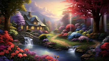 a house with a stream and flowers