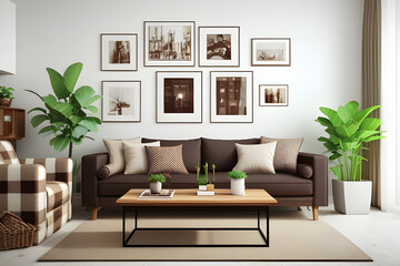 Interior design of living room interior with empty frames, brown sofa, plants, wooden coffee table, lamps, balls, stylish rug, plaid, pillows and personal accessories. Home decoration. template.