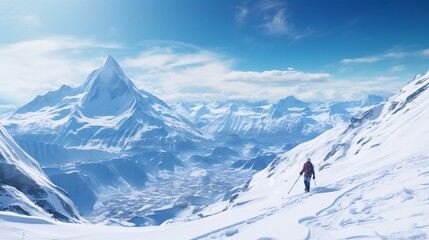 a person walking on a snowy mountain - obrazy, fototapety, plakaty