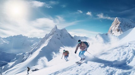 Naklejka na ściany i meble a group of people skiing down a mountain