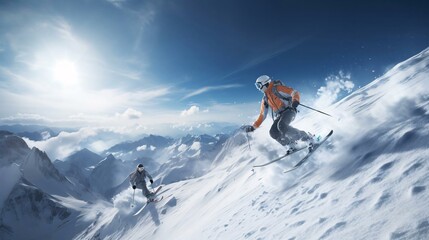 Naklejka na ściany i meble a couple of people skiing down a mountain