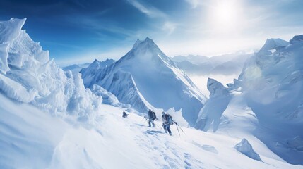 a group of people hiking up a snowy mountain - obrazy, fototapety, plakaty