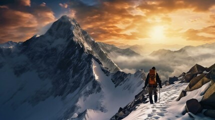 a person hiking up a snowy mountain - obrazy, fototapety, plakaty
