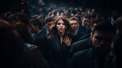 A stressed, overwhelmed businesswoman has a panic attack with her hand to her chest in the middle of a crowd of businessmen in a busy street. 