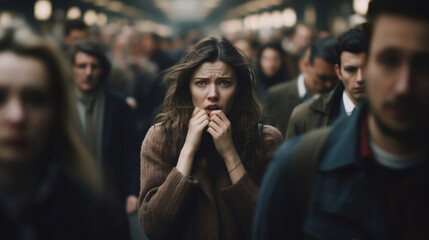 A stressed woman suffers from a panic attack or agoraphobia in the middle of a crowded street of commuters. 