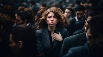 A stressed, overwhelmed woman is walking in the middle of a crowd of businessmen on a busy street.