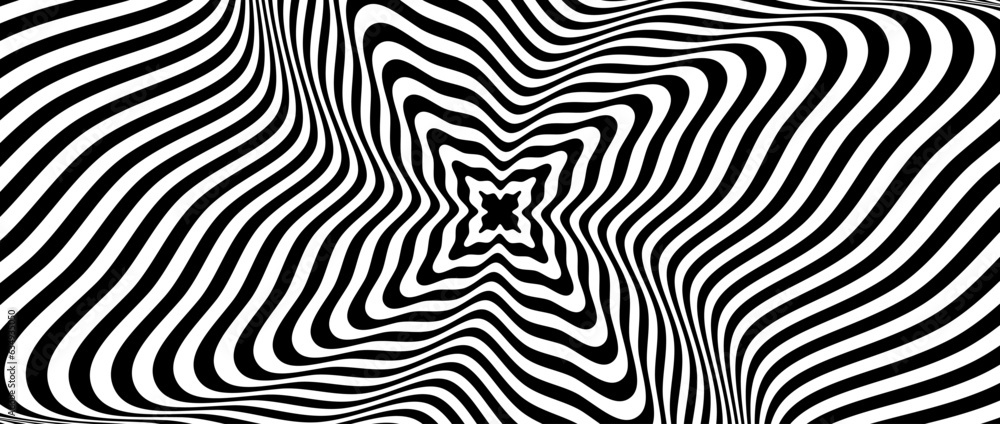 Poster radial optical illusion background. black and white abstract distorted lines surface. poster design.