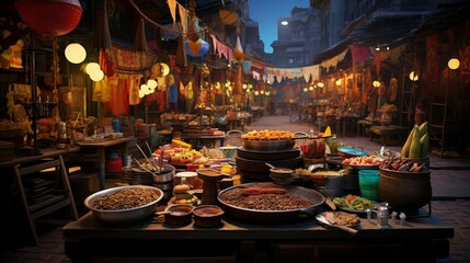 Fototapeta premium a street market with many bowls of food