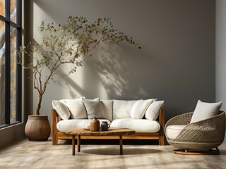 The interior of the clean living room is adorned with a sofa with modern furniture with plant pots and a natural atmosphere.