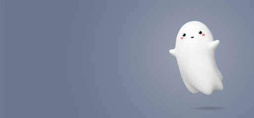 Obraz premium 3d plastic cute ghost on gray background. Halloween web banner template with copy space. Vector illustration with kawaii flying monster. Minimal background with character render.