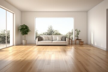 Empty room and wall and wooden floor with interesting with glare from the window. Interior background for the presentation. Generative AI