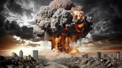 A massive mushroom cloud forms from a nuclear atom bomb explosion. (Generative AI) - obrazy, fototapety, plakaty