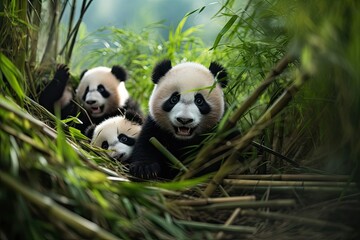 Obraz premium Panda cubs tumble playfully in a bamboo thicket.