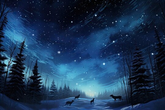 Wolves hunt together under a starlit winter sky.
