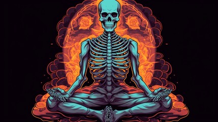 A tshirt design of a psychedelic skeleton meditating Generative Ai