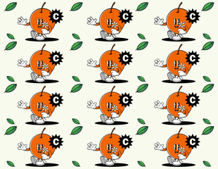 Obraz premium Tropical seamless pattern with cartoon character orange fruit. Fruit repeated background. Vector bright print for fabric or wallpaper.