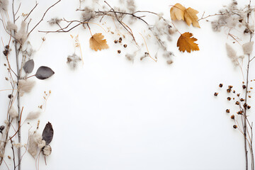 minimalist natural Scandinavian style winter banner with forest elements such as twigs, lichens, and dry leaves on a distressed white wooden background, flat lay / top view