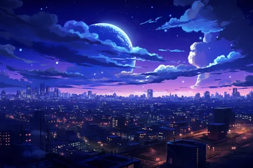 Fotobehang night view of the city in anime style © ayuni