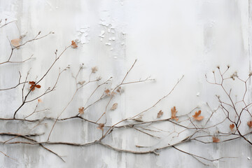 minimalist natural Scandinavian style winter banner with forest elements such as twigs, lichens, and dry leaves on a distressed white wooden background, flat lay / top view