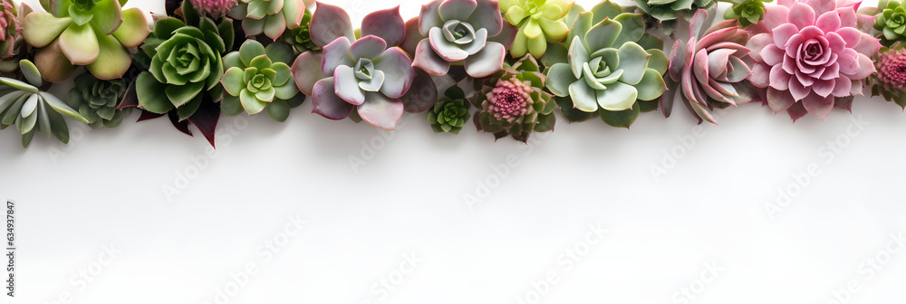 Wall mural minimalist modern banner or header with succulent plants on a white surface with lots of copy space 