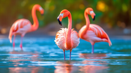 Fototapeta na wymiar Close up of stunning pink flamingos standing in the water. a congregation of stunning pink flamingos graces the tranquil water, their graceful forms and vibrant hues creating a mesmerizing tableau