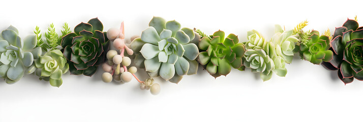 minimalist modern banner or header with succulent plants on a white surface with lots of copy space for your text - top view / flat lay