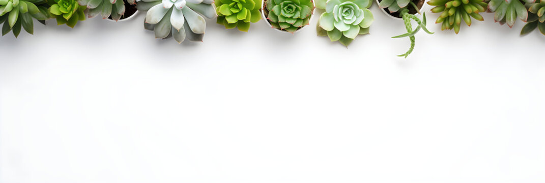 minimalist modern banner or header with succulent plants on a white surface with lots of copy space for your text - top view / flat lay
