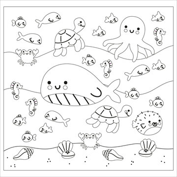 Coloring page with sea animals. Cute cartoon characters set. Ocean fish, octopus, dolphin, shark, whale, turtle and crab. Doodle style. Outline vector for coloring book. Sea animals coloring set 42.