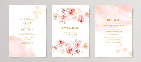 Fototapeta na wymiar Set of watercolor wedding invitation card template with pink floral and leaves decoration