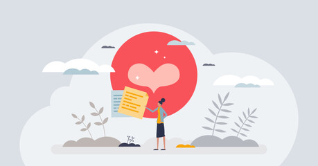 Positive affirmations as love letter from romantic affair tiny person concept. Happy woman with optimistic message and uplifting relationship vector illustration. Optimistic attitude and mindset.