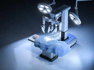 Robotic assisted surgery machine with dummy patient in operating room