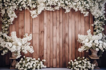 Celebrating Spring Delight. Wooden Background Enhanced by Blooming Flowers and Leaves