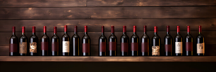 Bottles of red wine on a wooden shelf. banner background