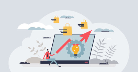 Business productivity and efficient commerce strategy tiny person concept. Webshop company development and successful growth with effective sales profits vector illustration. Improvement evaluation.