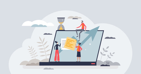 Project management with effective work organization tiny person concept. Business development and growth with company improvement plan vector illustration. Collaboration and teamwork control process.