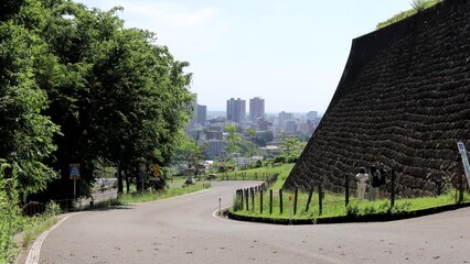 Sendai, Miyagi, Japan, June 17th 2023.Pedestrians descending along the walls of Sendai Castle.