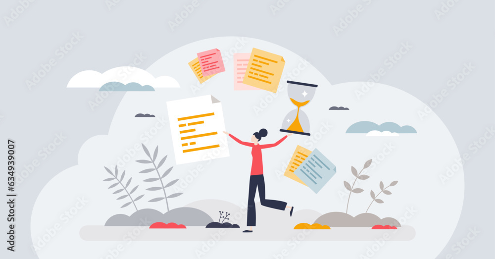 Poster time management and effective activity organization tiny person concept. project deadline control an