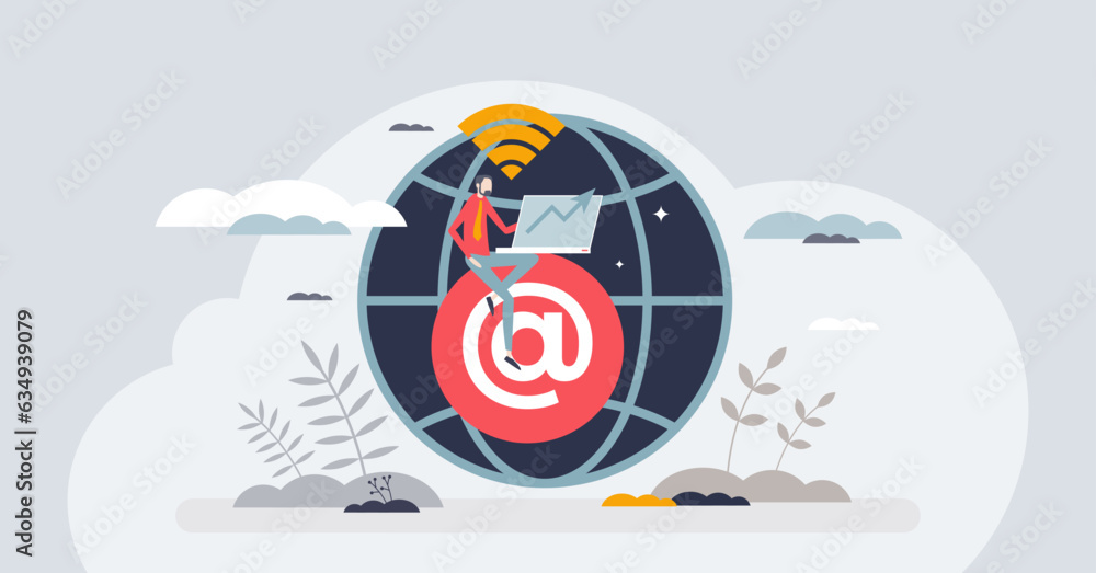 Poster telecommuting and work from home using phone internet tiny person concept. distant job with wireless
